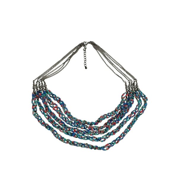 Beaded Layered Necklace Boho 5 Braided Multicolor Strands Beads Blue Silver Tone - Picture 7 of 8